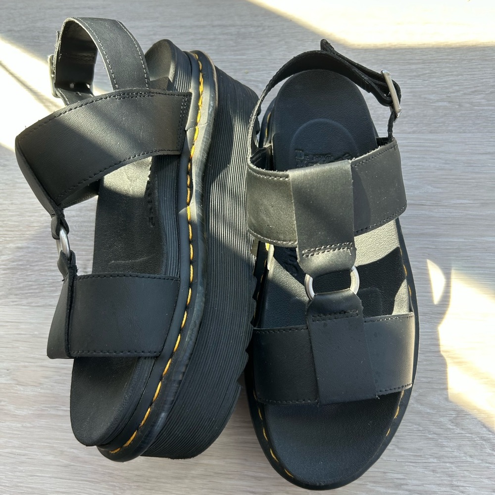 Dr. Martens Francis Black Hydro Leather Platform Sandals.